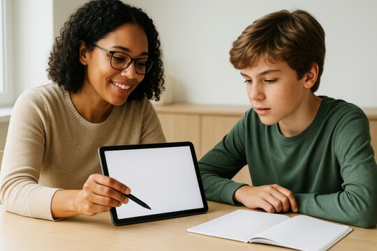 Smiling woman showing blank tablet screen to focused boy during learning session at table with notebook in bright clean interior background. Ai generative