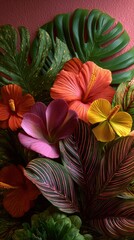 Vibrant monstera and calathea leaves, botanical border pattern