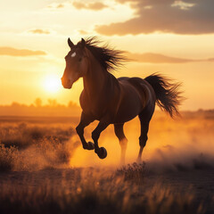 Majestic Horse Silhouette at Sunset: A powerful horse gallops freely across an open field as the sun dips below the horizon, casting a golden glow over the landscape.
