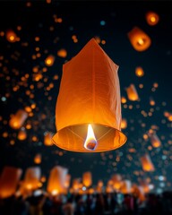 Close-up of a Realistic Sky Lantern with Bamboo Frame at Chiang Mai Lantern Festival, Thailand (Yi Peng)