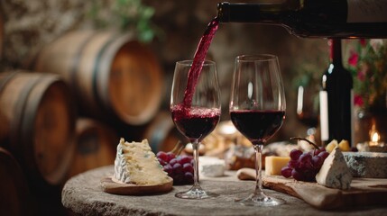 Red wine pouring into glasses with cheese and grapes in cellar