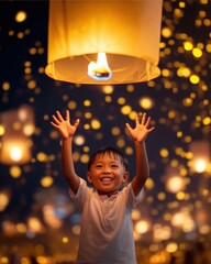 A joyful Thai boy with a bright smile raises both hands to release a glowing paper sky lantern at the Chiang Mai Lantern Festival in Thailand, also known as Yi Peng. The lantern shows a realistic bamb