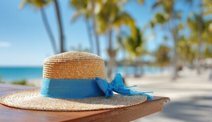 Straw hat on a table, beach background