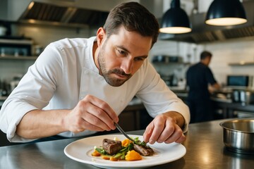 Professional chef plating gourmet dish with precision in modern restaurant kitchen under warm light, showcasing dedication and culinary creativity. Ai generative