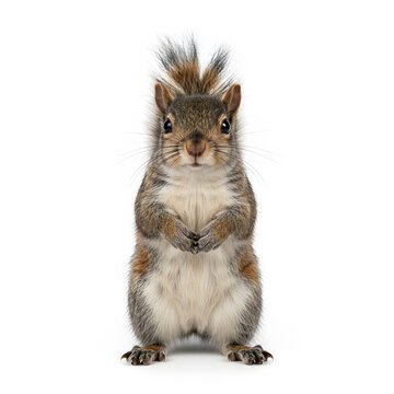 Gray squirrel standing upright, front view, against a white background.