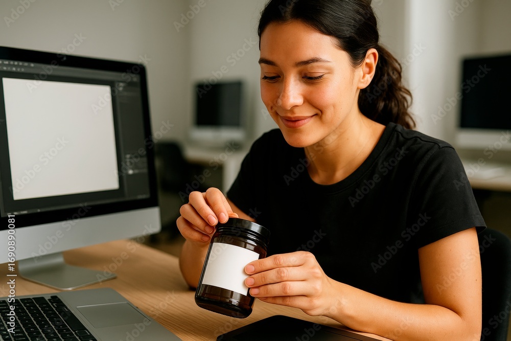 Poster woman holding blank label jar near computer screen with empty white layout for branding mockup in mo