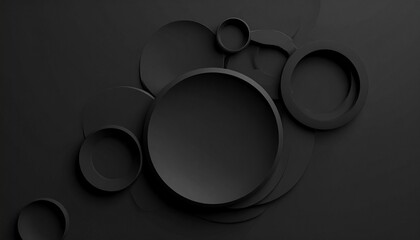 "Minimalist abstract composition with overlapping concentric black circles on dark background, varying in size and depth, subtle shadows creating three-dimensional effect, sleek monochromatic color sc