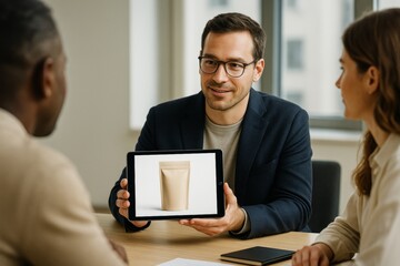 Businessman presenting product packaging mockup on tablet during meeting with colleagues in modern office setting with natural light background. Ai generative