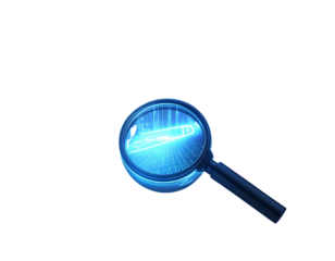 Magnifying Glass with Futuristic Holographic Icons, Digital Search Concept, Transparent PNG