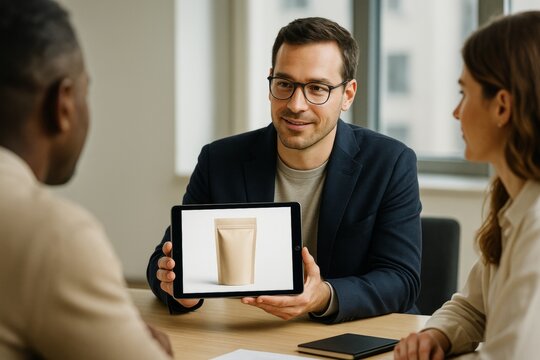 Businessman presenting product packaging mockup on tablet during meeting with colleagues in modern office setting with natural light background. Ai generative
