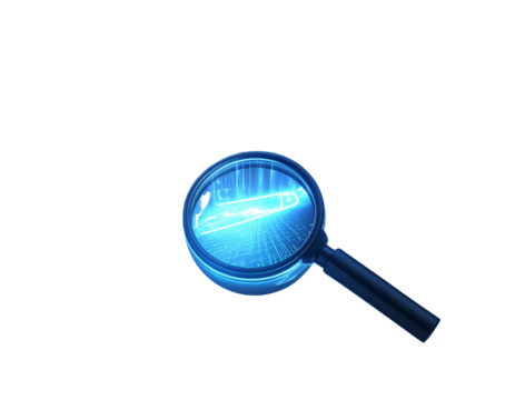 Magnifying Glass with Futuristic Holographic Icons, Digital Search Concept, Transparent PNG