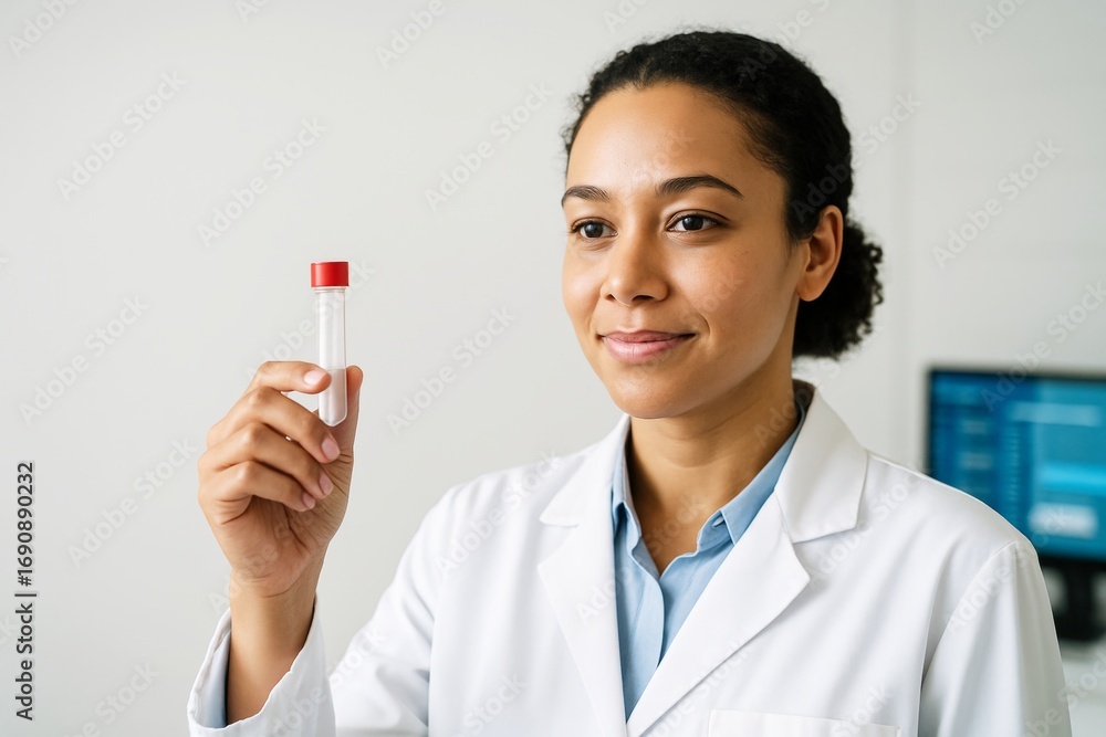Poster Female scientist holding test tube with red cap in lab coat, smiling confidently in clinical setting with bright background and copyspace. Ai generative