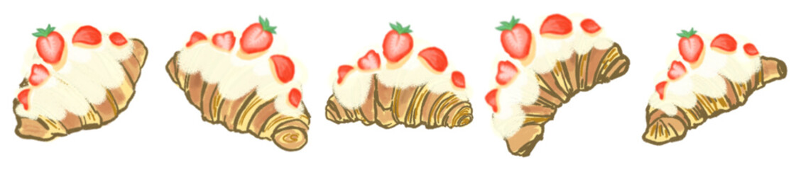 Strawberry Cream Topped Croissant Pastry Illustration – Cute Bakery Dessert Clipart for Breakfast and Cafe Menu Design