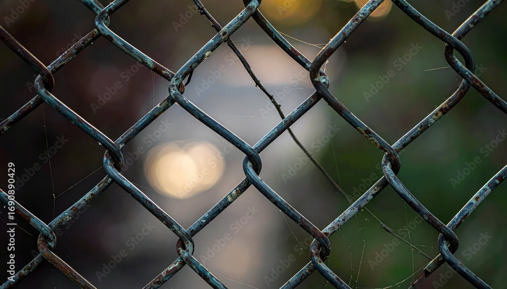 Poster close-up view of rusty chain link fence with bokeh background effect
