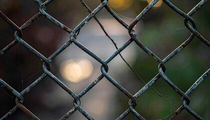 Fototapeta premium Close-Up View of Rusty Chain Link Fence with Bokeh Background Effect