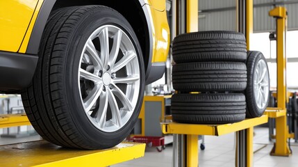 Car tires replacement in service station – automotive maintenance and safety concept for repair, workshop and transportation campaigns