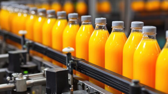 Bottles of Orange Juice on Conveyor Belt - Powered by Adobe