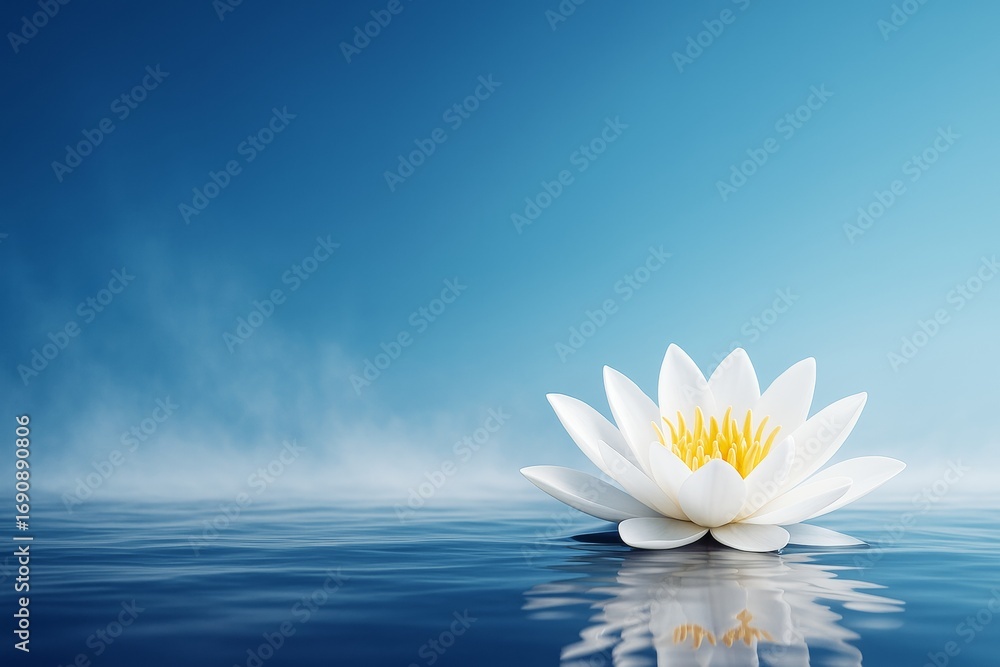 Poster white lotus flower floating on calm blue water with soft mist and gradient sky in peaceful abstract 
