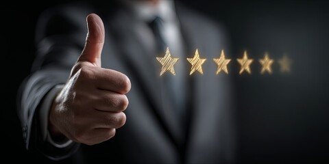 Businessman Giving Thumbs Up with Five Golden Stars Representing Excellence and Quality in a Professional Setting