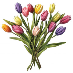 Obraz premium Vibrant Tulip Bouquet: A vivid illustration captures a bundle of radiant tulips, each petal displaying a unique shade, bundled in a harmonious display.