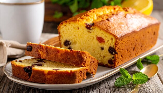 "Fruitcake loaf with two slices on white plate, golden-brown crust and moist interior filled with dried fruits like raisins and candied cherries, rustic wooden table setting with white cup, spoon, nap