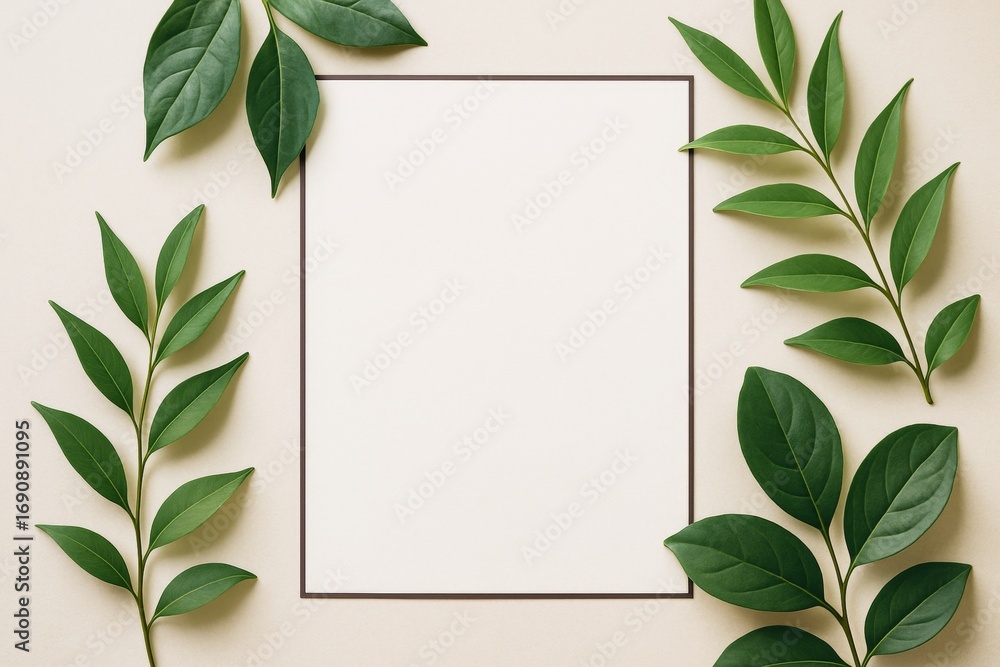 Poster minimalistic botanical frame with green leaves and blank white paper on light beige background for n