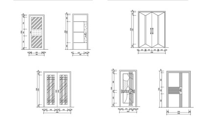 A detailed architectural drawing showcasing various door types with precise dimensions. This technical CAD illustration includes single doors, double doors, folding doors, and decorative door designs.