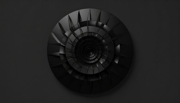 Dark abstract circular structure with concentric rings and geometric protrusions on black background, resembling stylized turbine. - Powered by Adobe