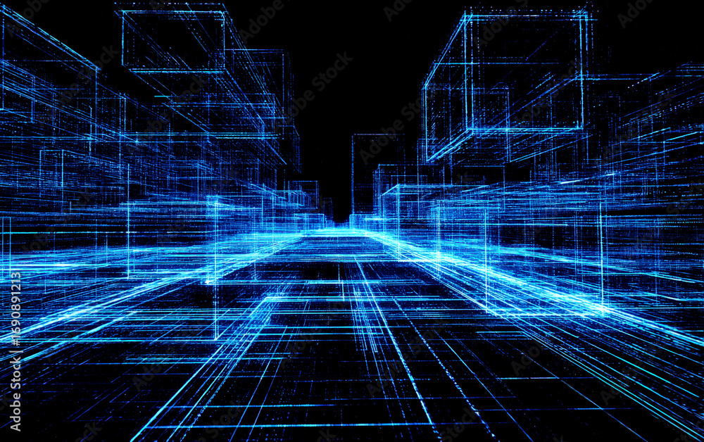 Poster blue digital cubes and lines creating a futuristic scene