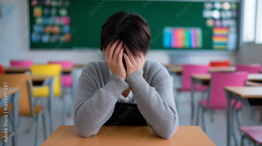Poster stressed student covering face with hands while sitting alone in empty classroom.