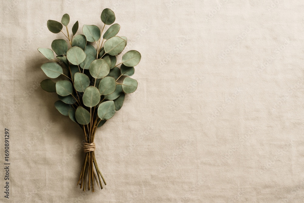 Poster eucalyptus bouquet tied with twine placed on beige fabric with natural light and empty space on righ