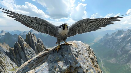 A peregrine falcon perched atop a rocky mountain peak, wings outstretched against a backdrop of majestic mountains and a cloudy sky, showcasing its power