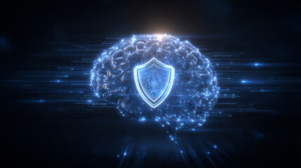 machine learning context digital brain protected by floating shield icons and stream of secured protocols
