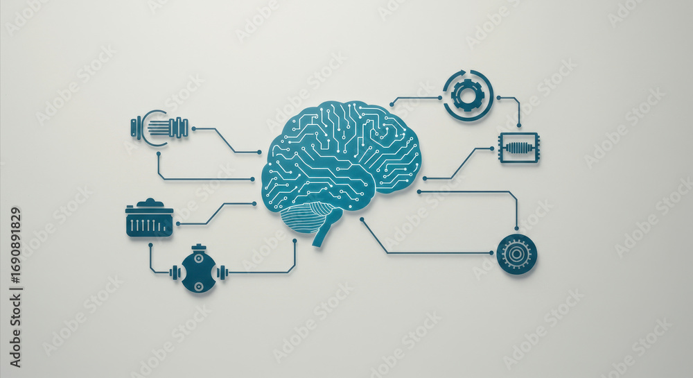 Poster digital brain with circuit patterns connected to various technological icons on light background. co