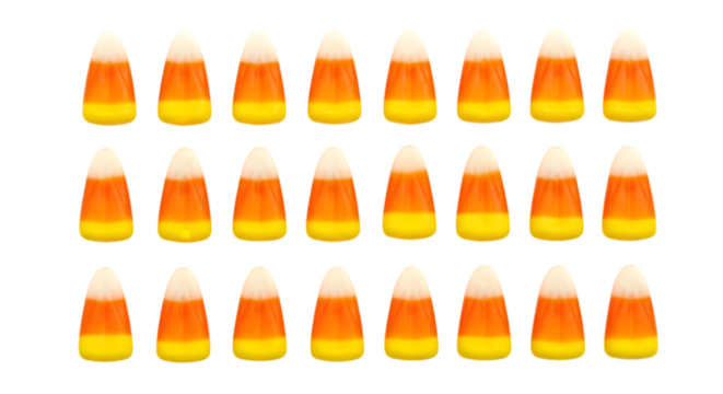 A grid of candy corn, isolated on transparent background