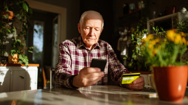 Senior man using smartphone and bank card at home