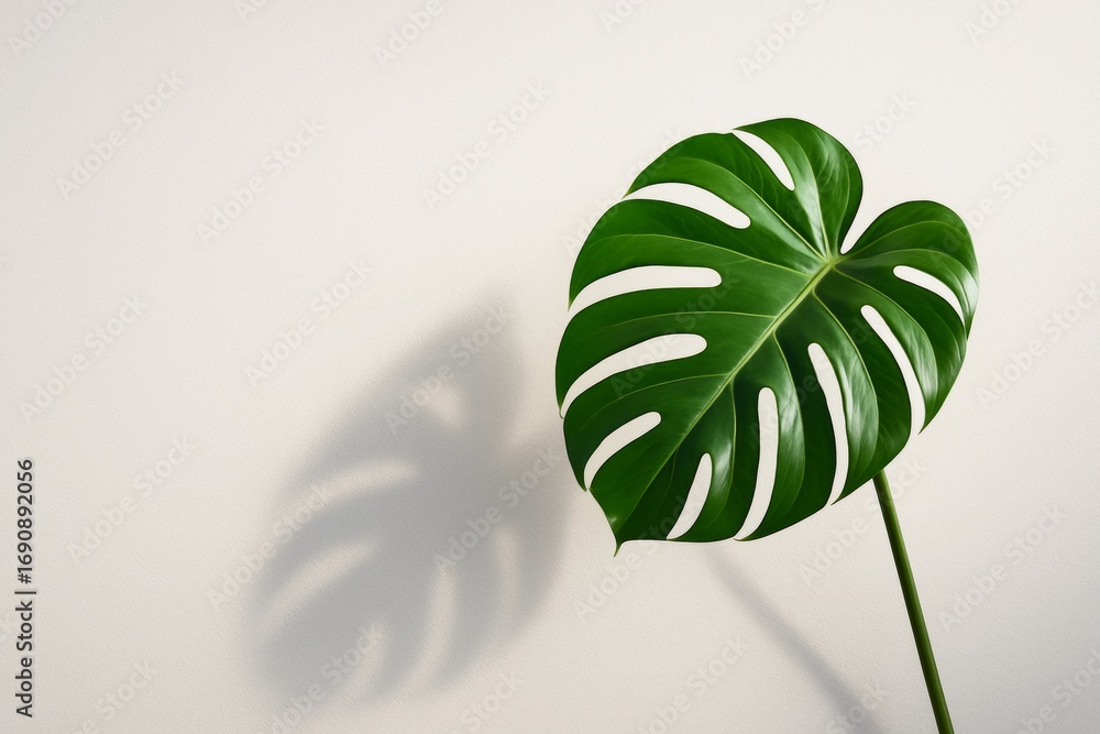 Poster single monstera leaf casting shadow on light background with copyspace in minimalist botanical conce