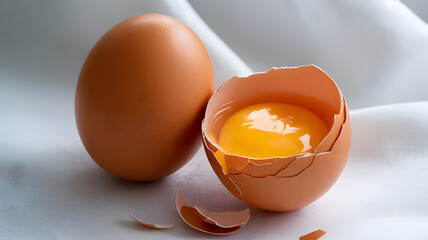 Two brown eggs one whole and one cracked with bright yellow yolk on white fabric image