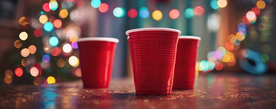 Festive red cups on a table, blurred holiday lights in the background