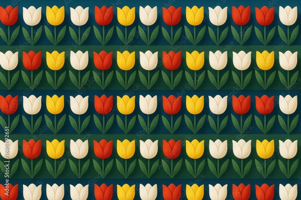 Poster seamless pattern of colorful tulips in rows with green leaves on a dark background, stylized with so