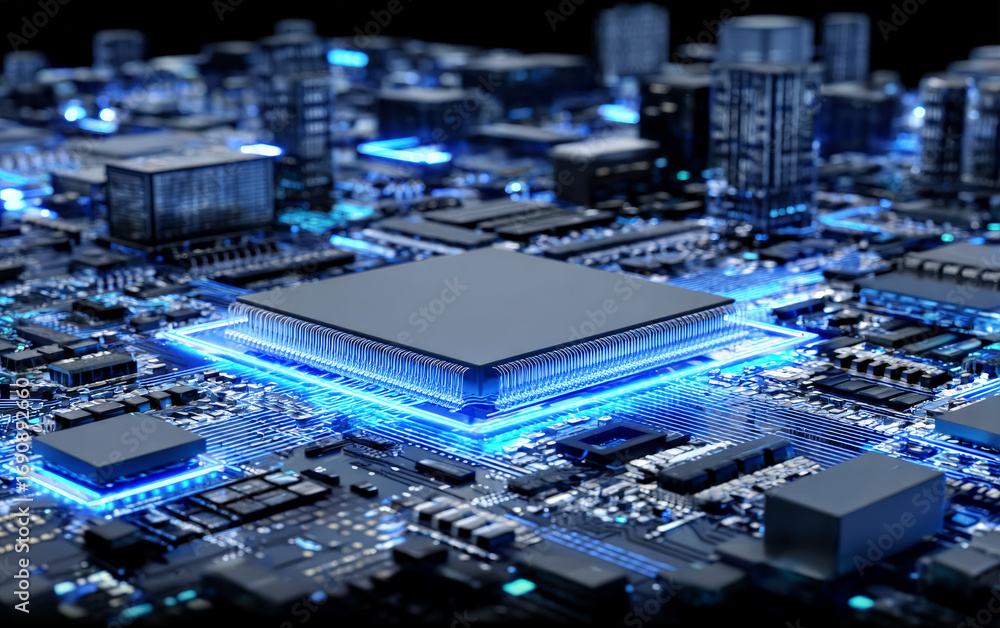 Poster close-up view of a modern computer motherboard with illuminated components