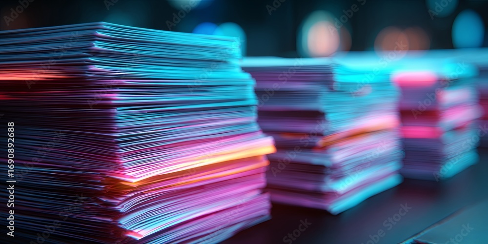 Poster stacks of blurred documents with futuristic lighting in a digital workspace environment