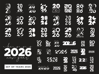 Big Set of 2026 Happy New Year logo text design. 2026 number design template. Collection of 2026 Happy New Year symbols. Vector illustration with black labels isolated on black background.