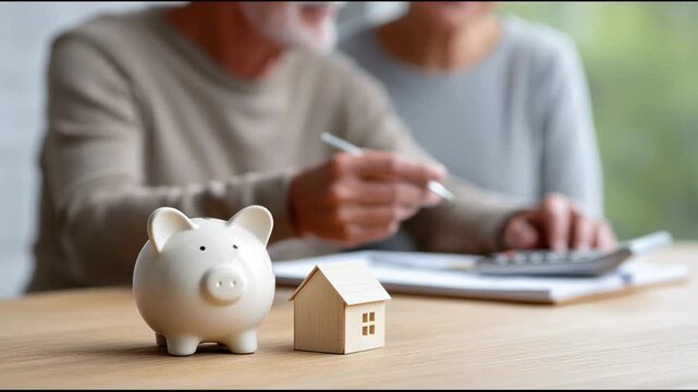 Elderly couple calculates house expenses with calculator, considering savings and mortgage, symbolized by piggy bank and small wooden house on table