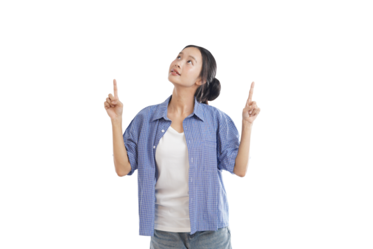 Curious Gaze: A woman with her fingers pointing upward, a visual embodiment of curiosity and wonder, her expression a hint of intrigue.