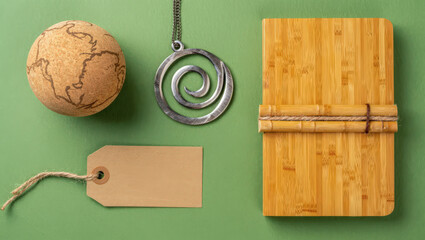 Fototapeta premium Artistic Composition Featuring a Cork Globe, Spiral Pendant, Bamboo Notebook, and a Kraft Paper Tag on a Textured Green Backdrop, Ideal for Creative Projects