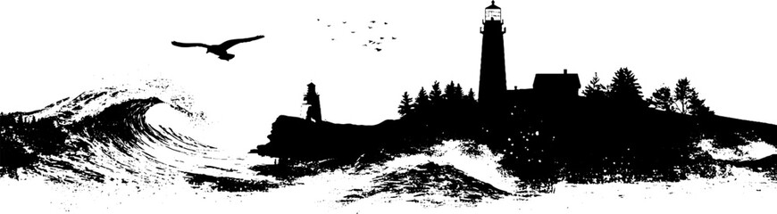 Dramatic coastal scene with lighthouse and ocean waves for wall art and decor