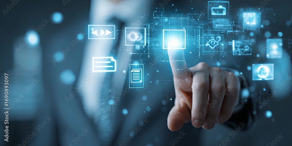 Poster businessman interacting with digital data and document icons in high-tech environment for innovative