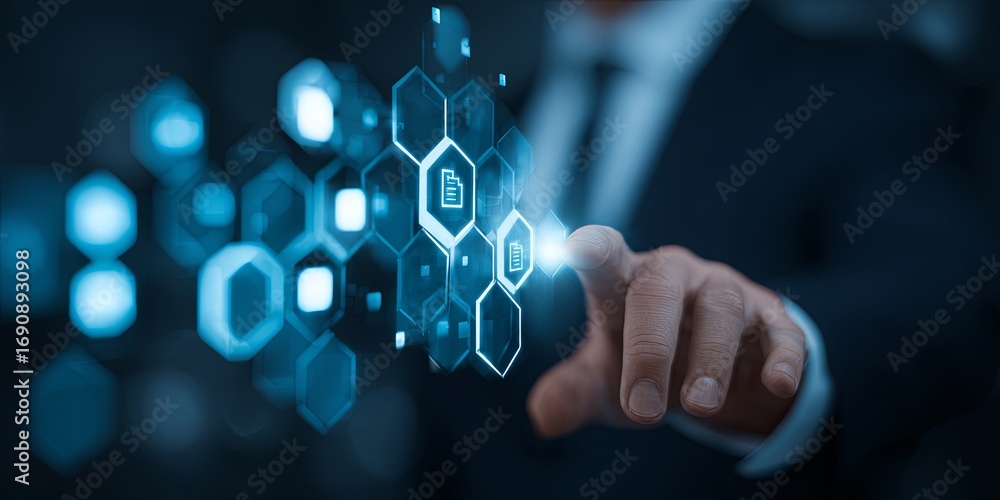 Poster businessman interacting with digital data and document icons in high-tech environment for innovative
