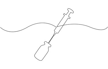 One continuous line drawing of medicine set with syringe and vial.